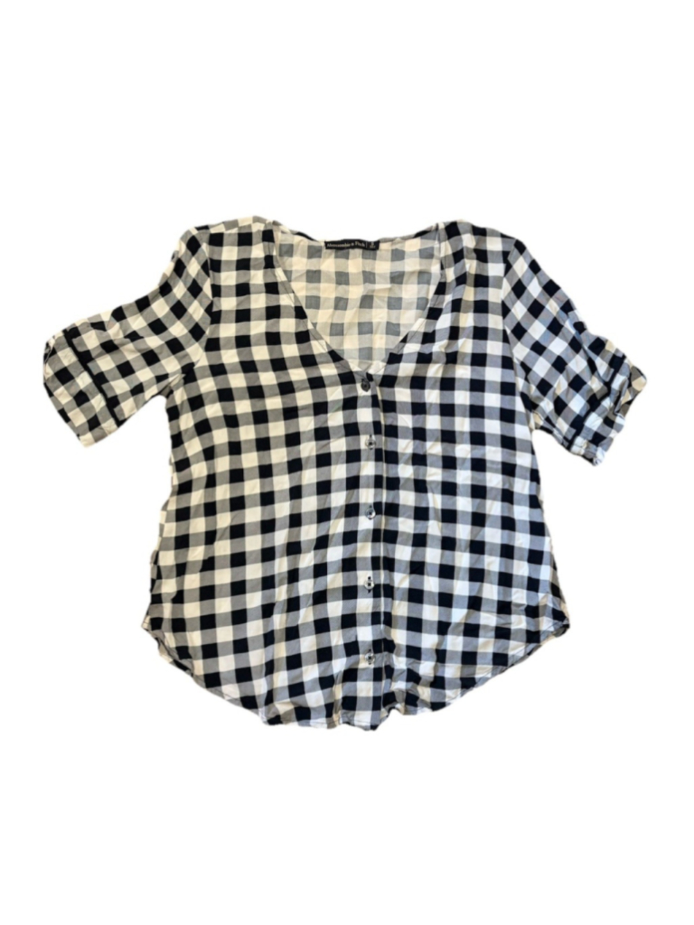 Abercrombie & Fitch Black White Gingham Short Sleeve Button Front Blouse Small